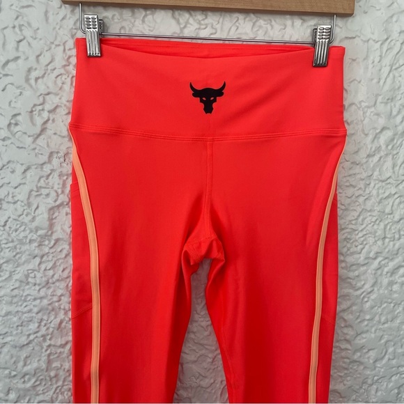 Under Armour Project Rock Women’s Neon Orange Side Strip Compression Leggings M - Picture 3 of 8